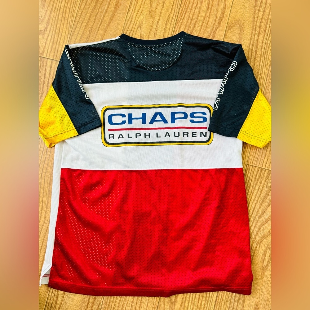 Vintage Ralph Lauren Chaps Shirt Men Medium Red White Blue Jersey Tee Flag Y2K